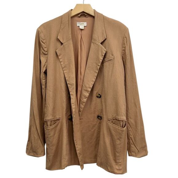 Anthropologie Maeve Oversized Double-Breasted Linen Blazer Camel Tan size 8 - Picture 2 of 6